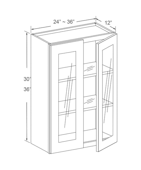 Wall Cabinet Glass Insert Door - 30”H Double Doors, Two Adjustable Glass Shelves (2 - PG)
